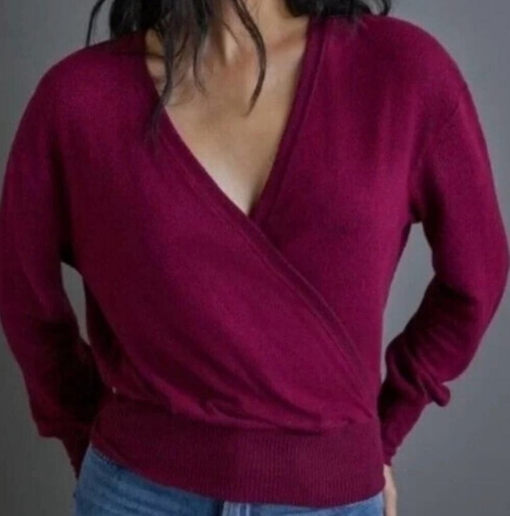 Anthropologie Rocio Brushed Stretch Hacci Knit Surplice Wrap Top M Plum Wine